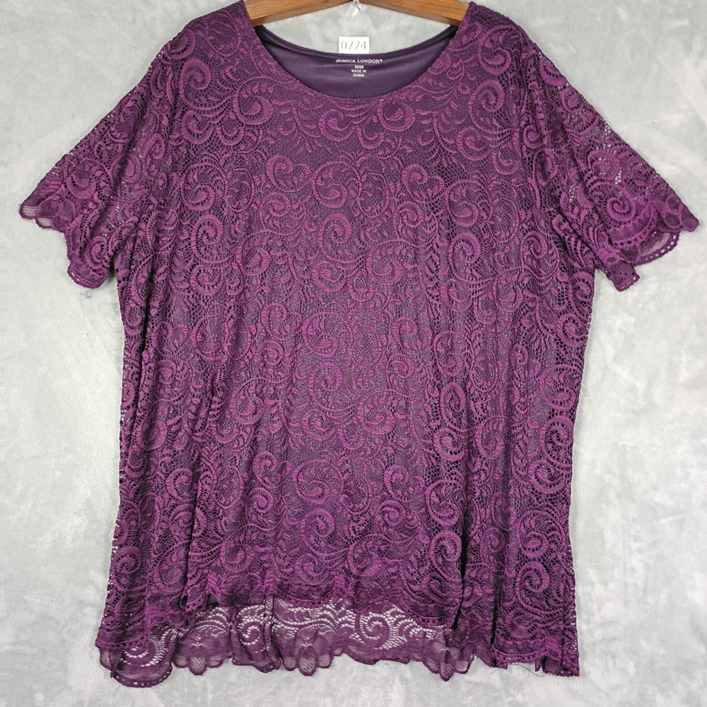 Jessica London Lace Blouse Womens 26/28 Purple Short Sleeve Scalloped Boho Top
